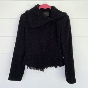 Express Wool Blend Boucle Fringe Trim Moto Jacket Black 5/6